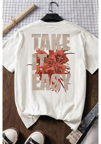 Spoyi Take It Easy Tasarımlı %100 Pamuk Yarım Oversize Beyaz T-xlhirt