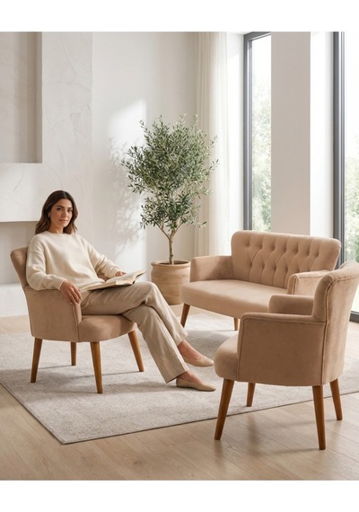 Babyface Kumaş Modern Çay Seti Koltuk Takımı 2+1+1 Ahşap Ceviz Ayak Cappucino Bej Cappuccino