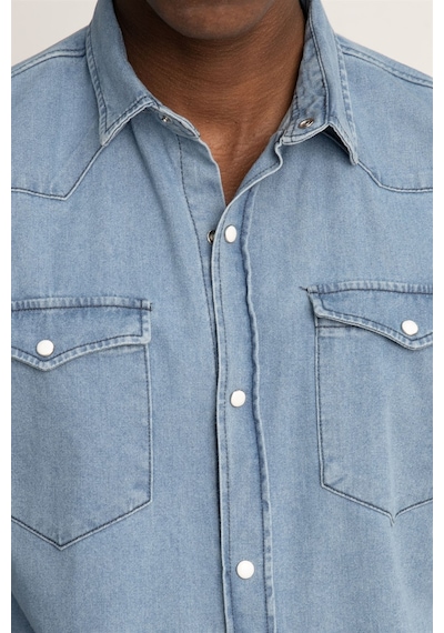 Tudors Slim Fit Çift Cep Kapaklı Parça Dikişli Denim Erkek Mavi Gömlek-26882-mavi Mavi