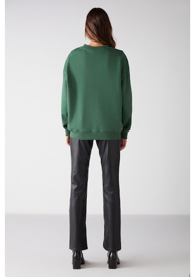 Grimelange Susana Kadın Bisiklet Yaka Içi Polarlı Oversize Fit Basic Yeşil Sweatshirt