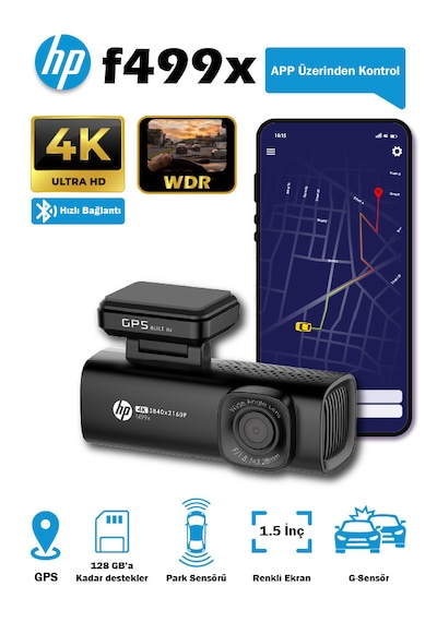 Hp F499x 4k Wdr, Araçiçi Kamera, 1.5 Inch Renkli Lcd Ekran, Gps Li, Wi-fi Destekli