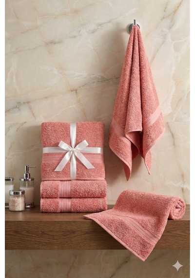 2 Li Battal Boy Banyo Havlu Seti - 100% Pamuk 90x170 Cm + 50x90 Cm Ekstra Yumuşak Emici Havlu Somon