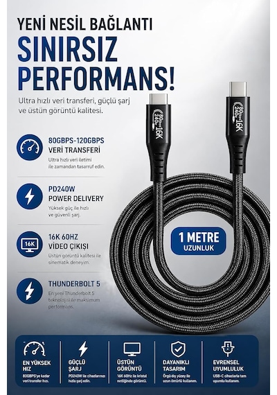 Coverzone Thunderbolt 5 Usb-c To Usb-c Kablo,ent 80gbps-120gbps Veri Transferi, Pd240w Power Delivery, 16k 60hz Video Çıkışı, E-marker Akıllı Çip, Thunderbolt 3/4/5 Uyumlu 1 Metre Zr1322 Siyah