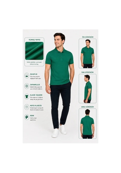 Luxıc Core Erkek Polo Yaka Yeşil Tişört Likralı Pike Kumaş Terletmez Slim Fit Günlük Şık Tasarım