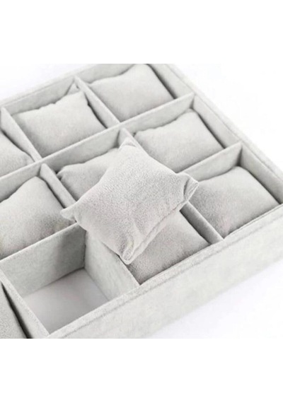 12 Bölmeli Ahşap Üzeri Baby Face Kumaş Saat Ve Takı Standı - Organizeri Ebat 35x24x5 Cm Gri