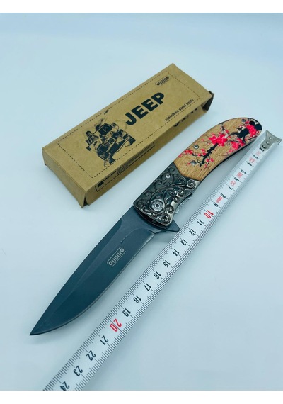 Jeep Ahşap Kasa Çiçek Desenli Kamp Çakı //23cm-0ııııııı0 Kahverengi - Sarı