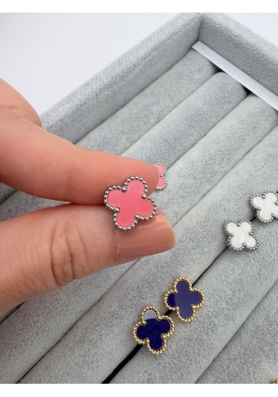 Çelik Yonca Küpe Renkli Mineli Gold Kadın Küpe 1 Cm Minimal Günlük Küpe Pembe