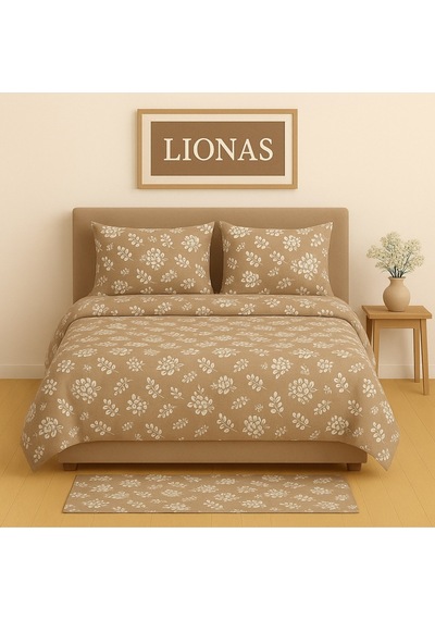 Lionas Çift Kişilik Desenli Nevresim + 2 Adet Kapaklı Yastık Kılıfı Bej