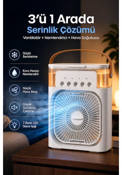 3 Fonksiyonlu Buharlı Masa Vantilatörü Işıklı Hava Nemlendirici Masaüstü Taşınabilir Fan F170