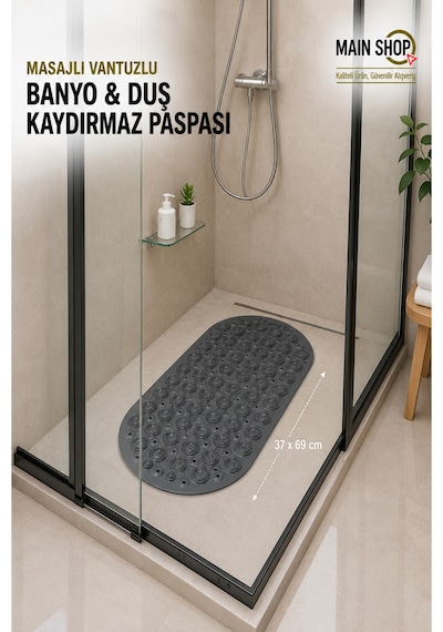 Mainshop Kaydırmaz Duşakabin Banyo Ve Duş Paspası Masajlı Vantuzla Yapışır 37 X 69 Cm M-142 Gri