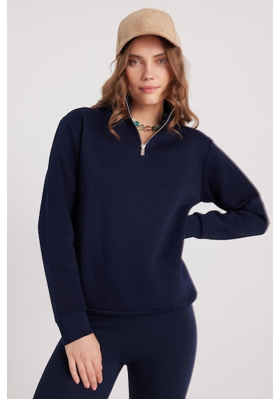Tudors Kadın Relax Fit Rahat Kesim Pamuklu İçi Polarlı Yarım Fermuarlı Lacivert Dik Yaka Sweatshirt-37891 Lacivert