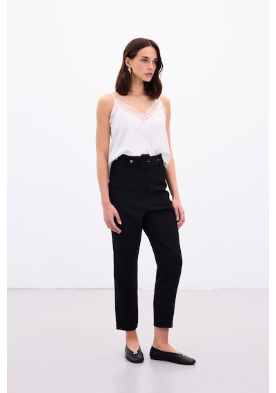 Sateen Kemerli Pantolon - Siyah-136908 siyah