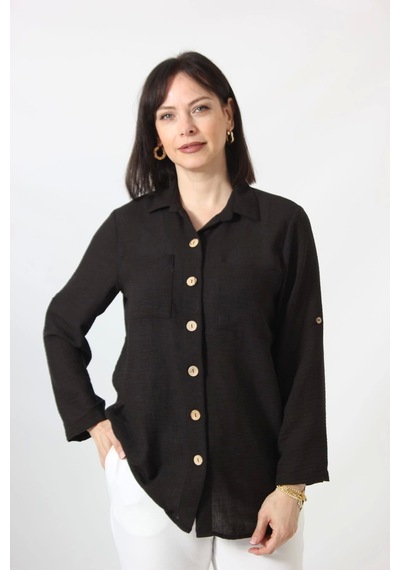 Moda Berray Sb-077 Siyah Pamuk Keten Kolu Apoletli İki Cepli Kadın Büyük Beden Gömlek Siyah Moda Berray Sb-077 Siyah Pamuk Keten Kolu Apoletli İki Cepli Kadın Büyük Beden Gömlek Siyah