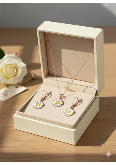 925 Ayar Papatya Silver Yılbaşı Özel Tasarım Papatya Kolye Küpe Set.rose.gold.rodaj Gümüş