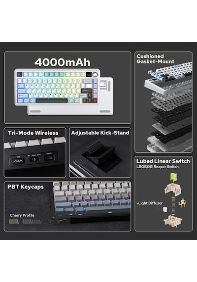Aula F75 Max Mekanik Rgb Tkl Reaper Switch Kablosuz Makrolu Hot Swap Klavye Lacivert