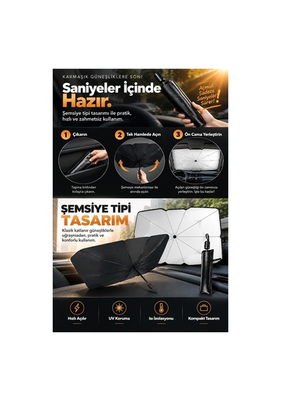 Robeve Şemsiye Tipi Araç Ön Cam Güneşliği - Hızlı Açılır Katlanabilir Uv Ve Isı Korumalı Oto Güneşlik, Taşıma Kılıflı Kompakt Araba Güneş Şemsiyesi Araç Şemsiyesi Araç Güneşlik