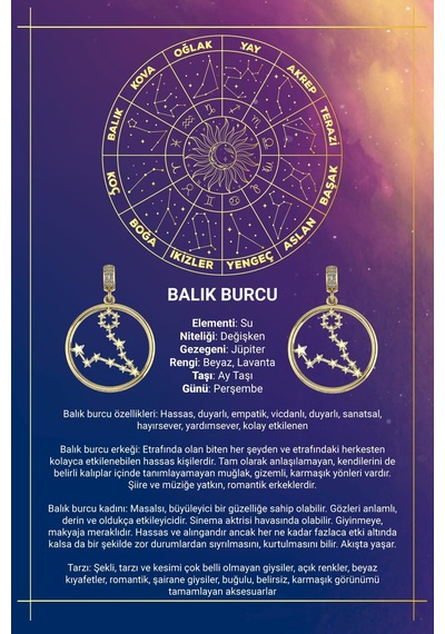 14 Ayar Altın Balık Burcu Kolye Ucu Burç Yıldız Haritası Sarı Altın