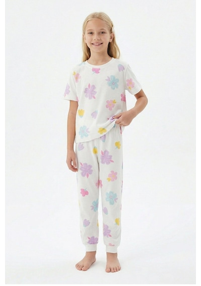 Zuzunga Pastel Renkli Çiçek Desenli Beyaz Kız Çocuk Pamuk Pijama Takımı