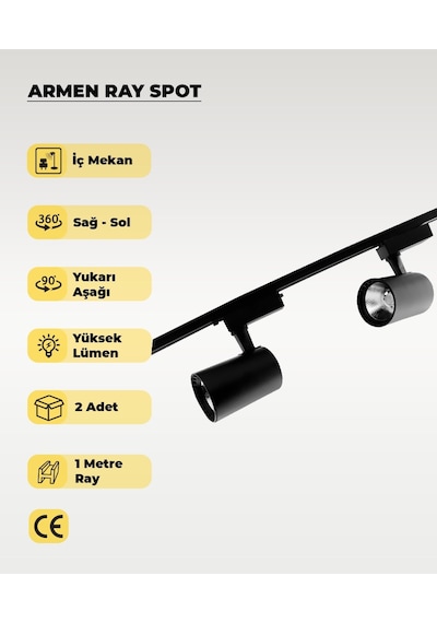 Armen 2 Adet Siyah Kasa Günışığı Ray Spot Set Ve 1 Metre Ray Set Siyah