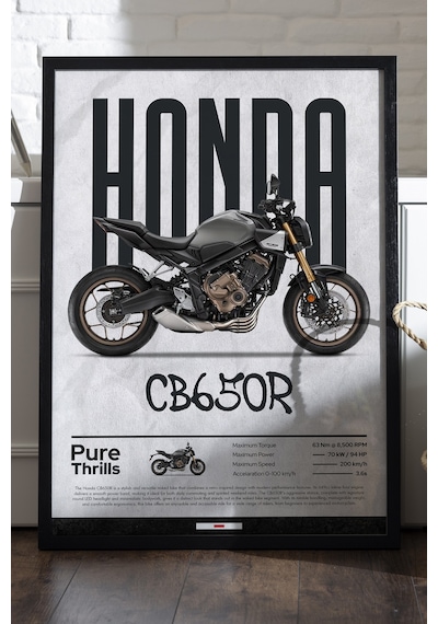 Honda Cb650r Siyah Ahşap Çerçeveli Poster, Dekoratif Motosiklet Duvar Tablosu