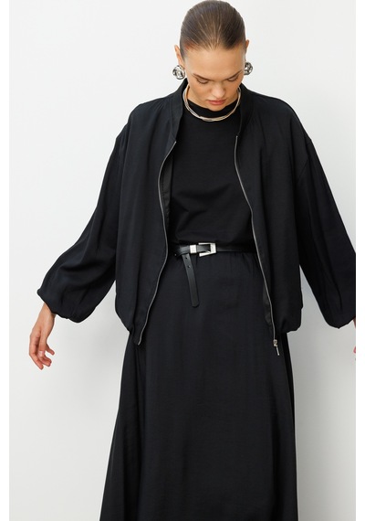 Mizalle Modal Karışımlı Siyah Oversize Bomber Ceket Siyah