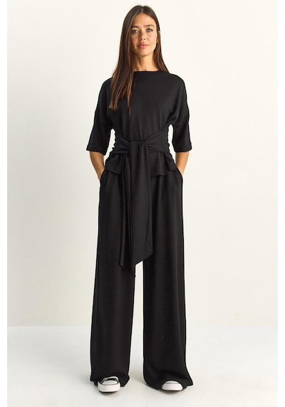 Shade Kadın Belden Bağlamalı Basic T-shirt Bol Paça Pantolon Alt-üst Modal Takım 4114 60286087 - Siyah
