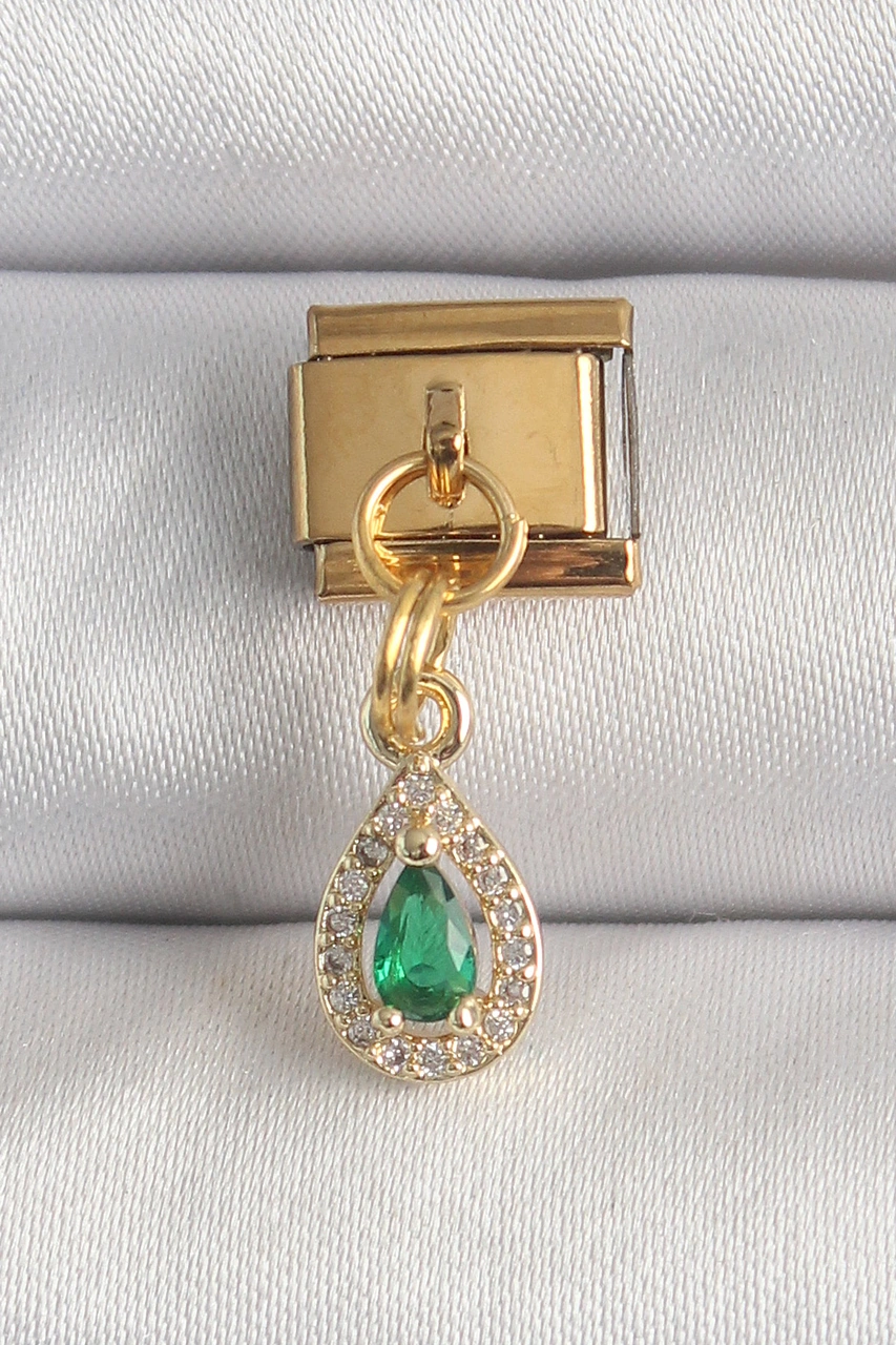 Tua Moda 316l Çelik Gold Renk Sallantı Damla Yeşil Zirkon Taşlı Nomination Charm Çok Renkli