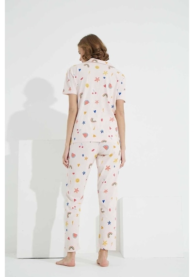 Siyah İnci Pamuklu Düğmeli Örme Pijama Takımı Desenli