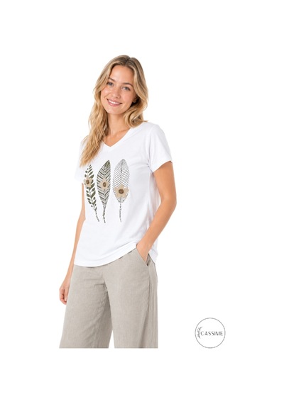 Cassime Kadın Siyah %100 Pamuk Regular/normal Kalıp Çiçek Nakışlı Örme T-shirt Beyaz