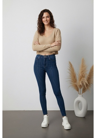 Kene Jeans Kadın Çapraz Taşlı Lacivert Kot Dar Paça Lacivert