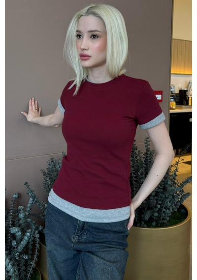 Bordo Bisiklet Yaka Çift Renkli Basic Tişört Mg2682 Bordo