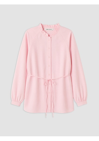Lcw Modest Pembe Hakim Yaka Beli Kuşaklı Çizgili Kadın Gömlek Tunik