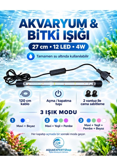 Akvaryum Işığı - Balık Işığı - Bitki Işığı - 27 Cm - 12 Led - Tamamen Su İçinde Kullanılabilir - 3 Modlu - 4w - Mükemmel Işık