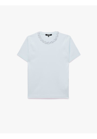 Koton Regular Fit Boncuklu Bisiklet Yaka Kısa Kollu Viskon Triko Kazak Mavi 7wak90135ht