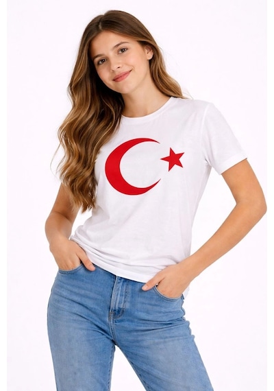 Kız Çocuk Tişört Bisiklet Yaka Ay Yıldız Bayrak Baskılı T-shirt - Beyaz Çok Renkli