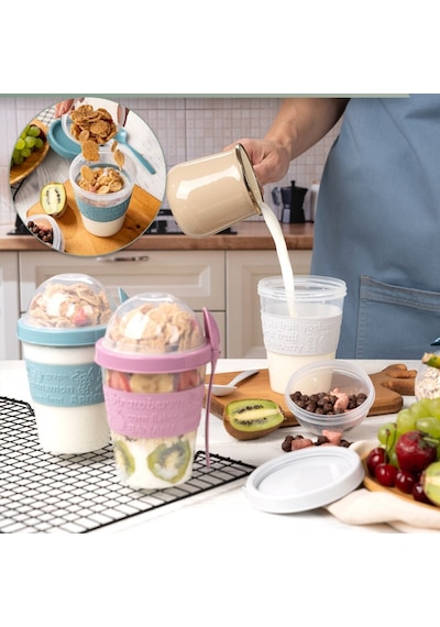 Eynel 1 Adet Take N Go Kaşıklı Hazneli Meyveli Yoğurt Kabı Piknik Iş Atıştırmalık Müsli Granola Süt Bardak Çok