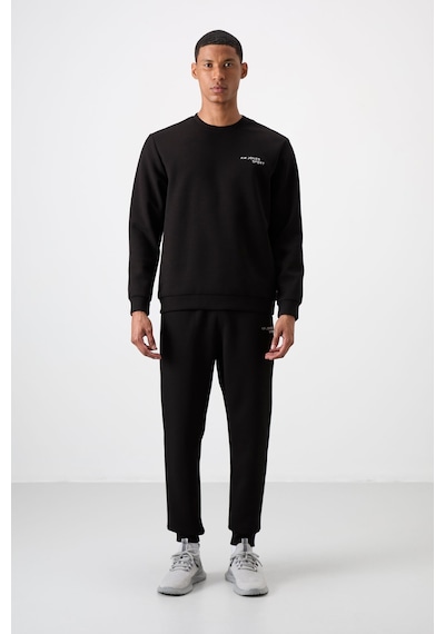 Tommy Life Ekru - Siyah Pamuklu Kalın Yumuşak Dokulu Comfort Fit Nakışlı Erkek Eşofman Takım - 85254 Siyah