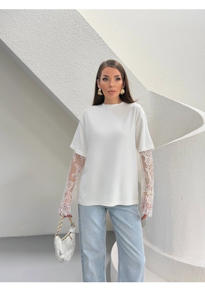 Modalima Beyaz Güpür Kollu Bluz Çok Renkli