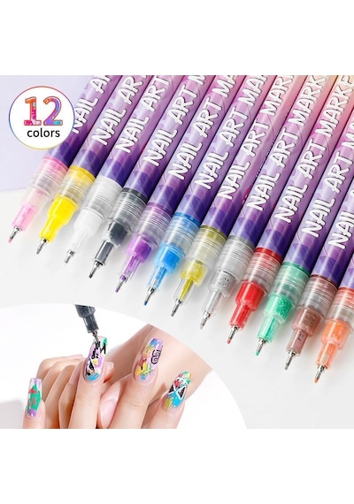 Profesyonel Nail Art Kalemi 12'li Set - Akrilik Tırnak Boyama Ve Desen Kalemi Oje Çizim Seti Çok Renkli