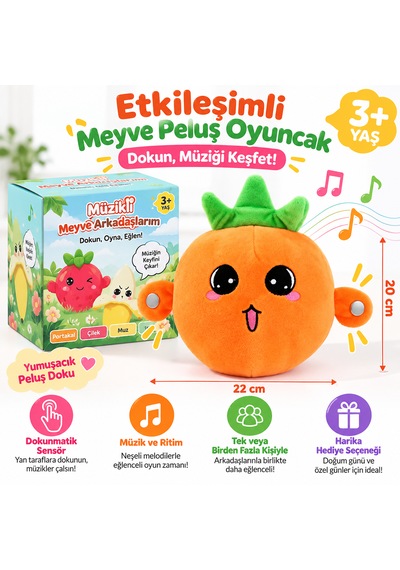 22 Cm Etkileşimli Turuncu Peluş Oyuncak Dokunmatik Sensörlü Müzikli Meyve Oyuncağı