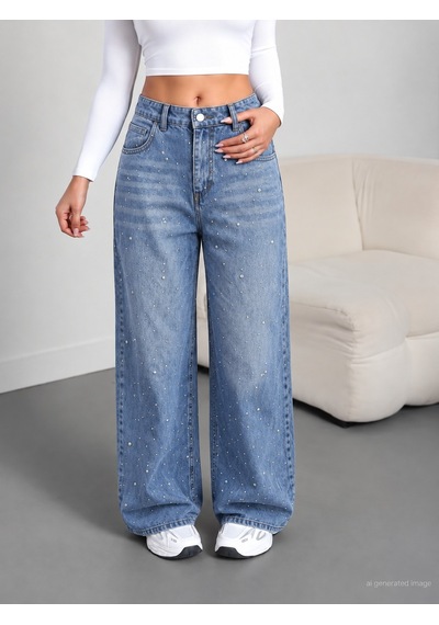 Bhrwear Kadın Yüksek Bel Taşlı Cep Detaylı Paçaya Doğru Genişleyen Kot Pantolon Renkli