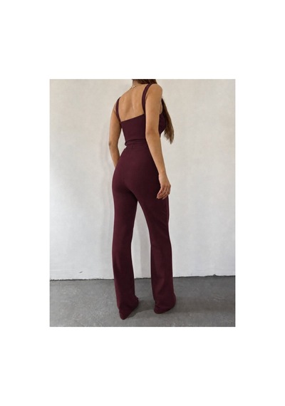 Butik İstanbul Kadın Zincir Askılı Krop Ithal Krep Bluz Ve Pantolon Ikili Takım Bordo
