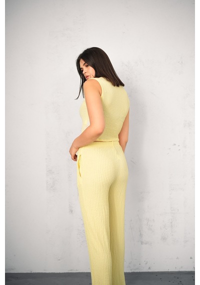 Gugus Kadın Gofre Yelekli Alt/üst Takım Wide Lege Yüksek Bel Geniş Paça Model Sarı