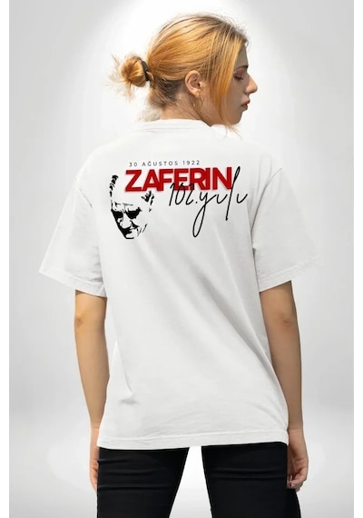Defymoda 30 Ağustos Zafer Bayramı Atatürk Temalı Oversize Bisiklet Yaka T-shirt - Beyaz