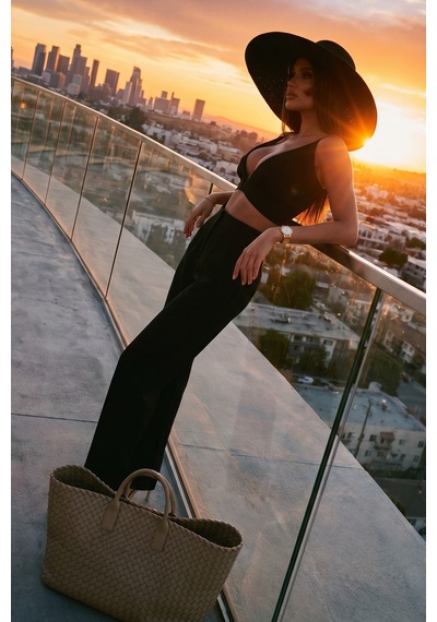 Fashion Cocktail Derin Geniş Göğüs Dekolteli Sexy Kare Metal Tokalı Dokulu Keten Seksi Sütyensiz Çamaşırsız Giyilen Crop Pantolon Tatil Yazlık Takım Set siyah