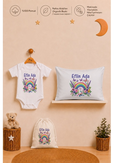 Pia Baby İsme Özel Kız Bebek Hediyesi %100 Pamuk Organik Baskılı Body Yastık Kılıfı Ve Ham Bez Kıyafet Kesesi 1045byk0x Ekru