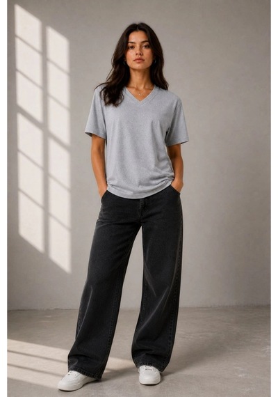Wear Vexel Kadın V Yaka Basic Tişört Kısa Kol Yazlık Regular Fit T-shirt - Gri Gri
