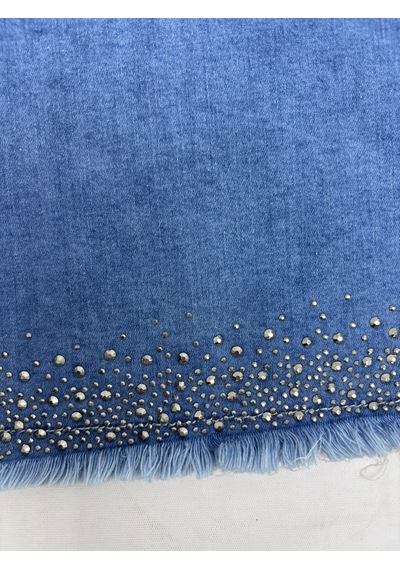 Büyük Beden Kemerli Likralı Taşlı Denim Kadın Pantolon Mavi