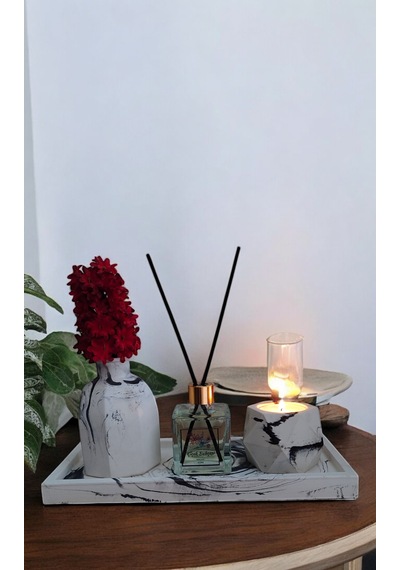 Mermer Desenli Mum Ve Vazo Seti - Vazo Oda Kokusu Tealight Mumluk Ve Mum Dikdörtgen Tepsi Beyaz - Siyah