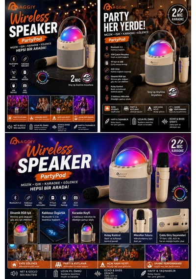 Partypod Bluetooth 5.3 Destekli Çok Fonksiyonlu Kablosuz Hoparlör
